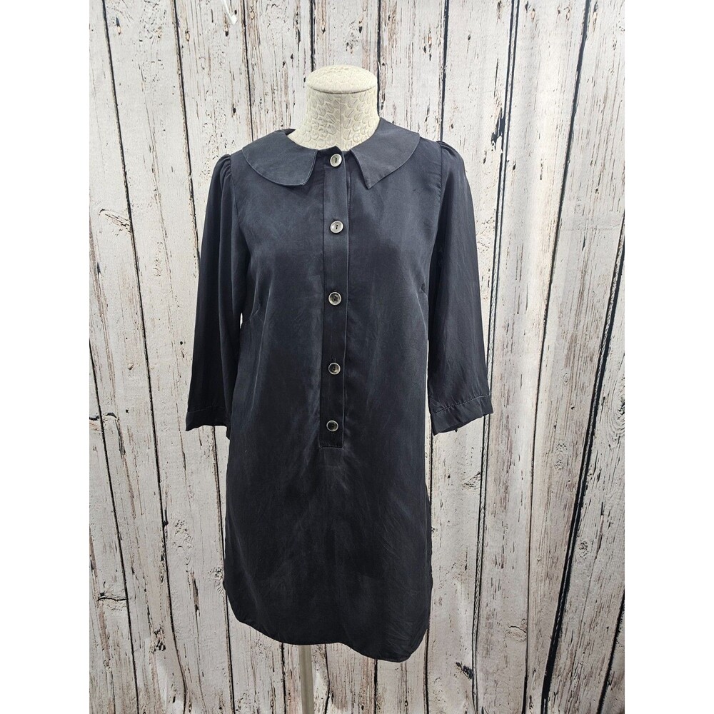 Women's 4 WAYF Black 100% Silk Button Down Shift Shirt Dress Lightweight EUC